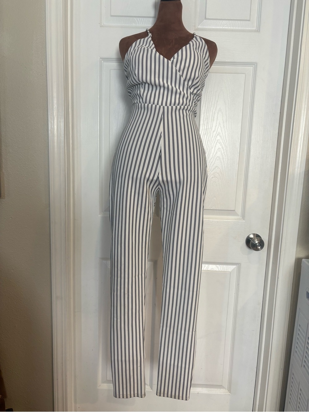 Trac White and Black Vertical-Stripe Halter Jumpsuit